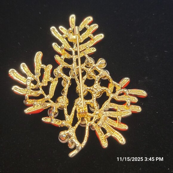 Brooch Festive Enamel Coral Pearl Goldtone Pin Lapel Scarf Hat Holiday Gift - Picture 2 of 5